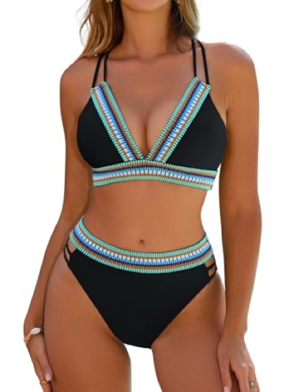 B Black Bikini with Multicolor Trim 10092